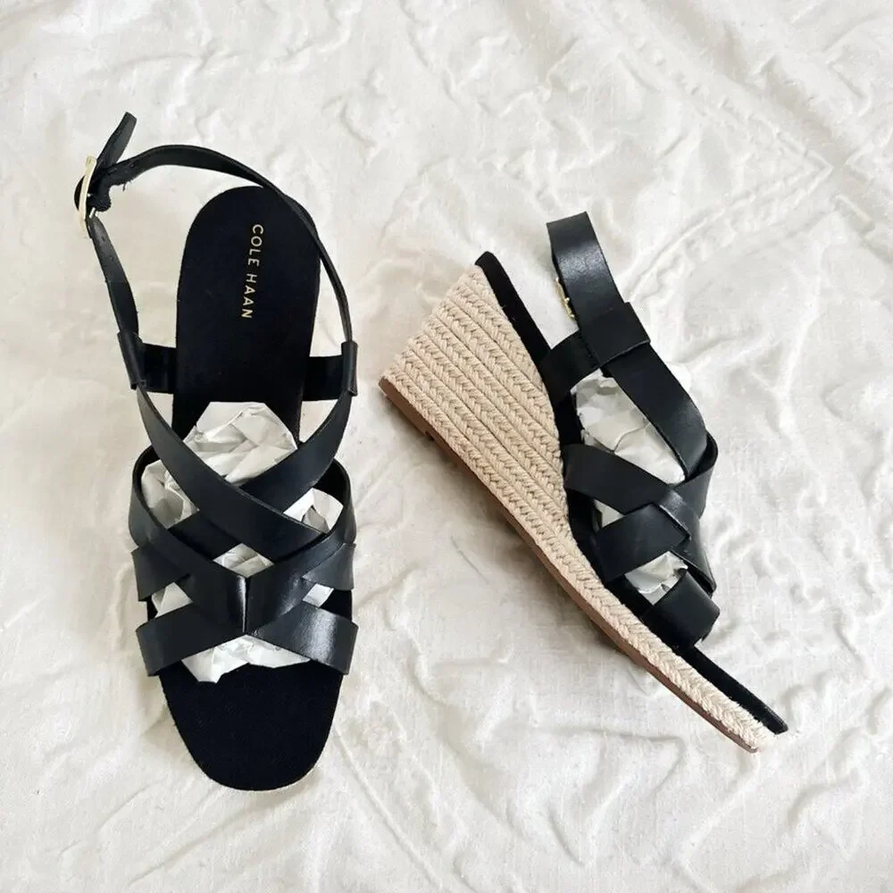 Cole Haan Crystal Leather Wedge Sandals New